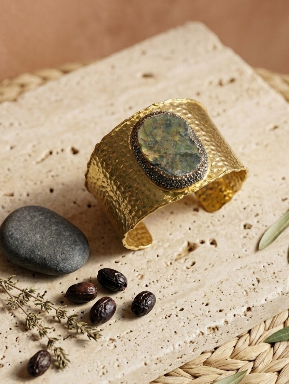 18K Gold Plated Hammered Cuff Bracelet Druzy Agate Turkish OOAK Boho Adj